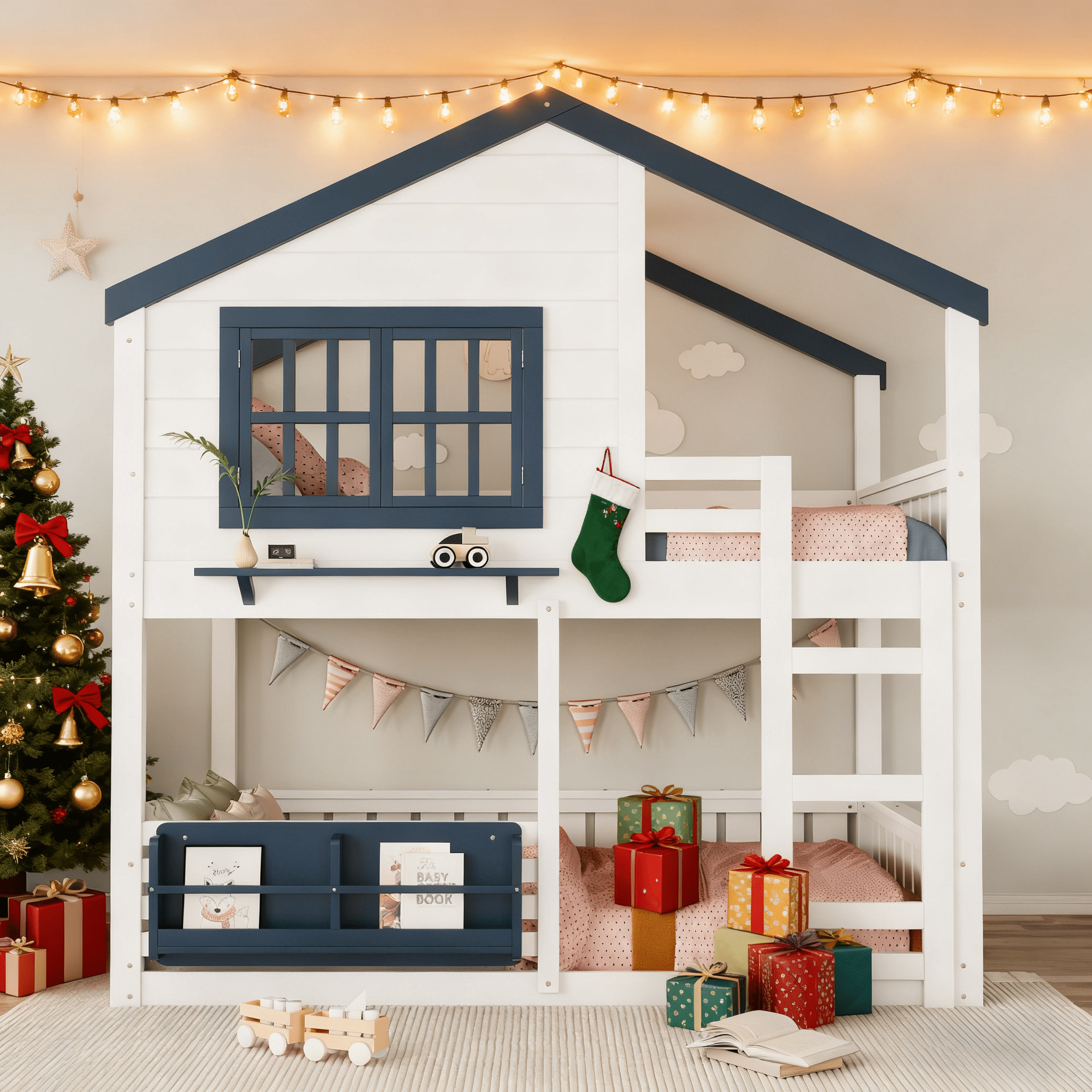 Bellemave® Twin House Bunk Bed Frame with Bookshelves, Wood Twin over Twin Bunk Beds with Windows, Low to Ground Bunkbed for Kids,Blue and White - Bellemave