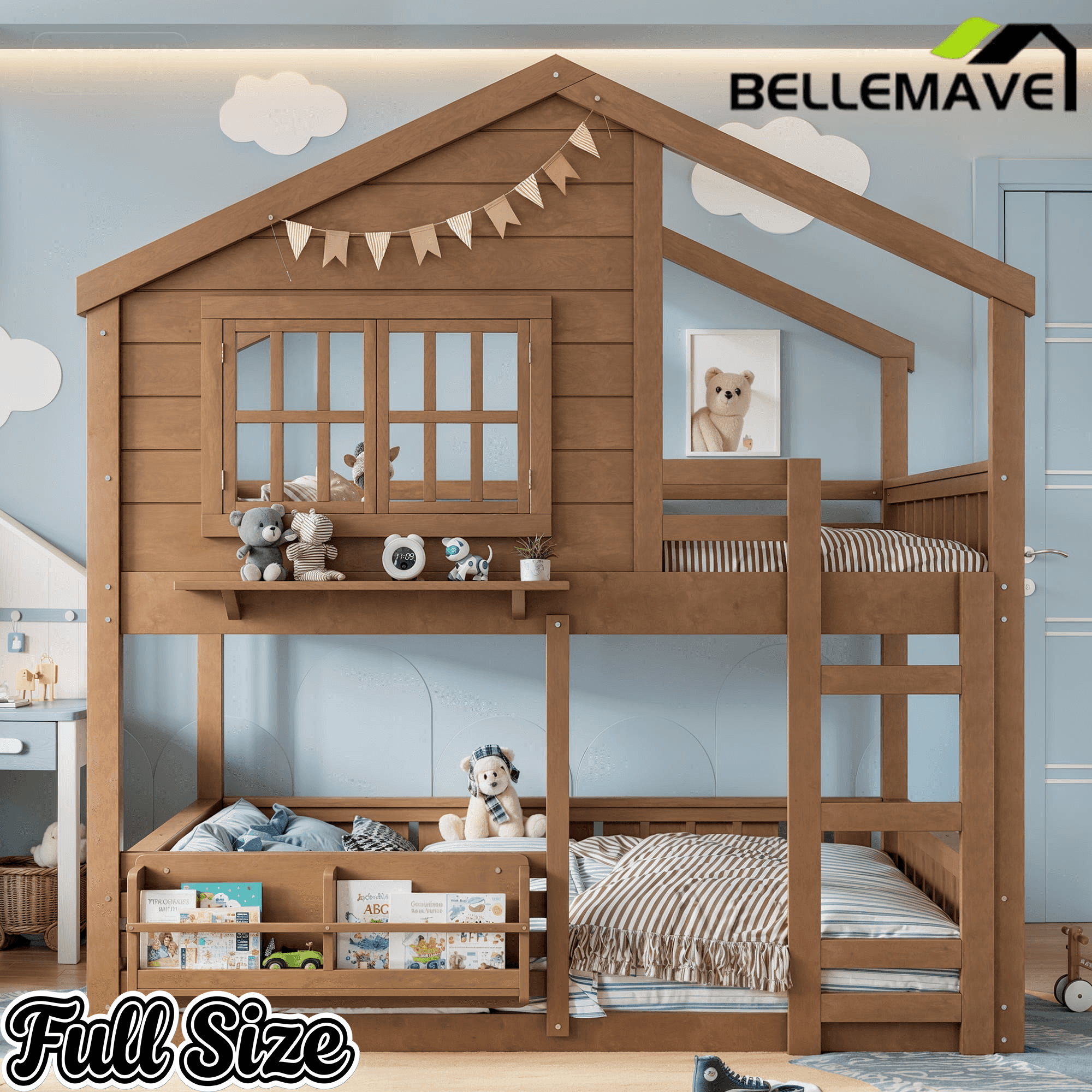 Bellemave® Twin House Bunk Bed Frame with Bookshelves, Wood Twin over Twin Bunk Beds with Windows, Low to Ground Bunkbed for Kids,Blue and White - Bellemave