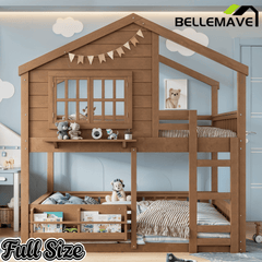 Bellemave® Twin House Bunk Bed Frame with Bookshelves, Wood Twin over Twin Bunk Beds with Windows, Low to Ground Bunkbed for Kids,Blue and White - Bellemave