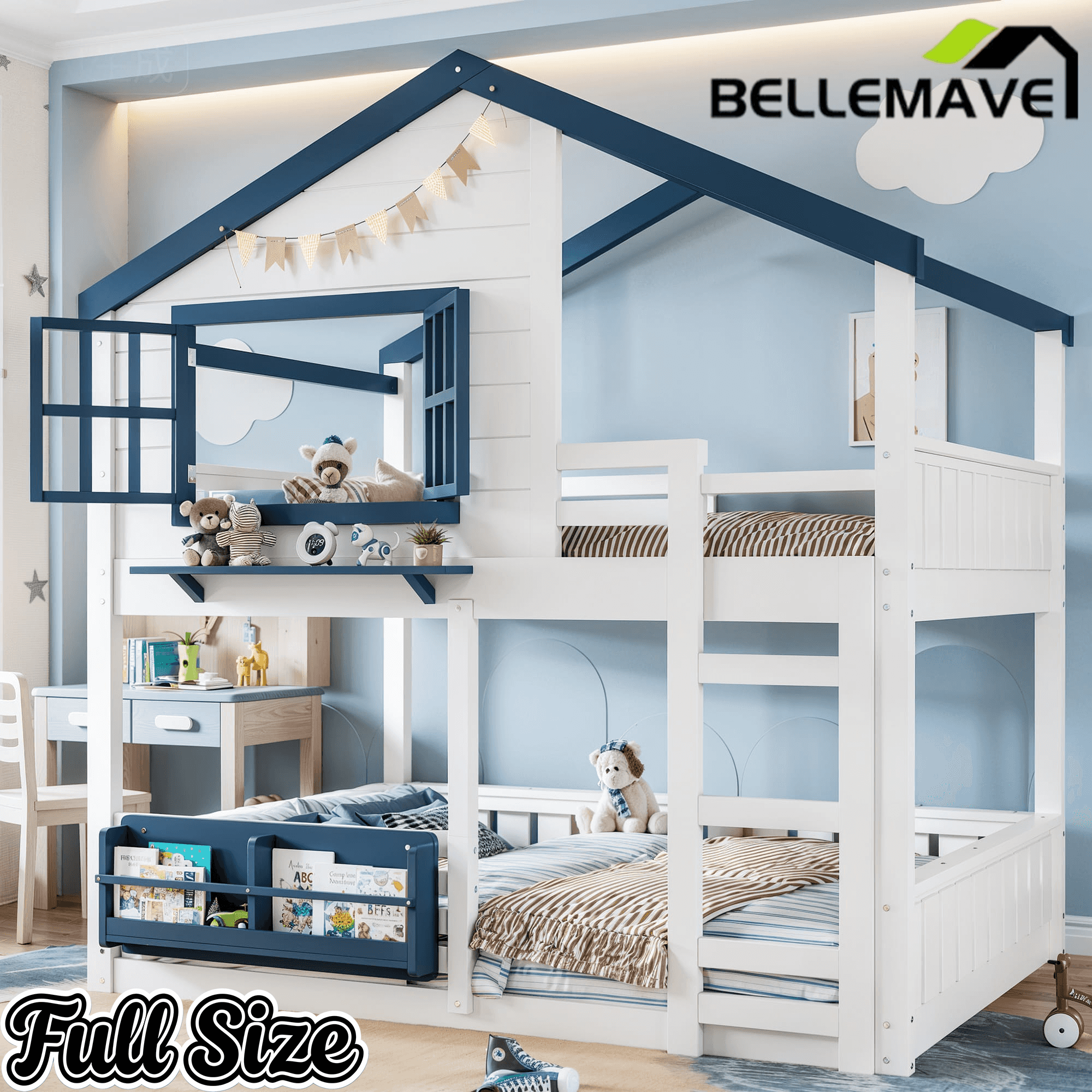 Bellemave® Twin House Bunk Bed Frame with Bookshelves, Wood Twin over Twin Bunk Beds with Windows, Low to Ground Bunkbed for Kids,Blue and White - Bellemave
