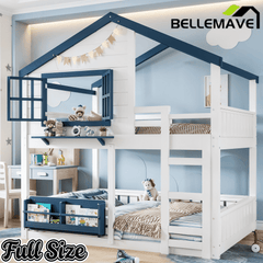Bellemave® Twin House Bunk Bed Frame with Bookshelves, Wood Twin over Twin Bunk Beds with Windows, Low to Ground Bunkbed for Kids,Blue and White - Bellemave