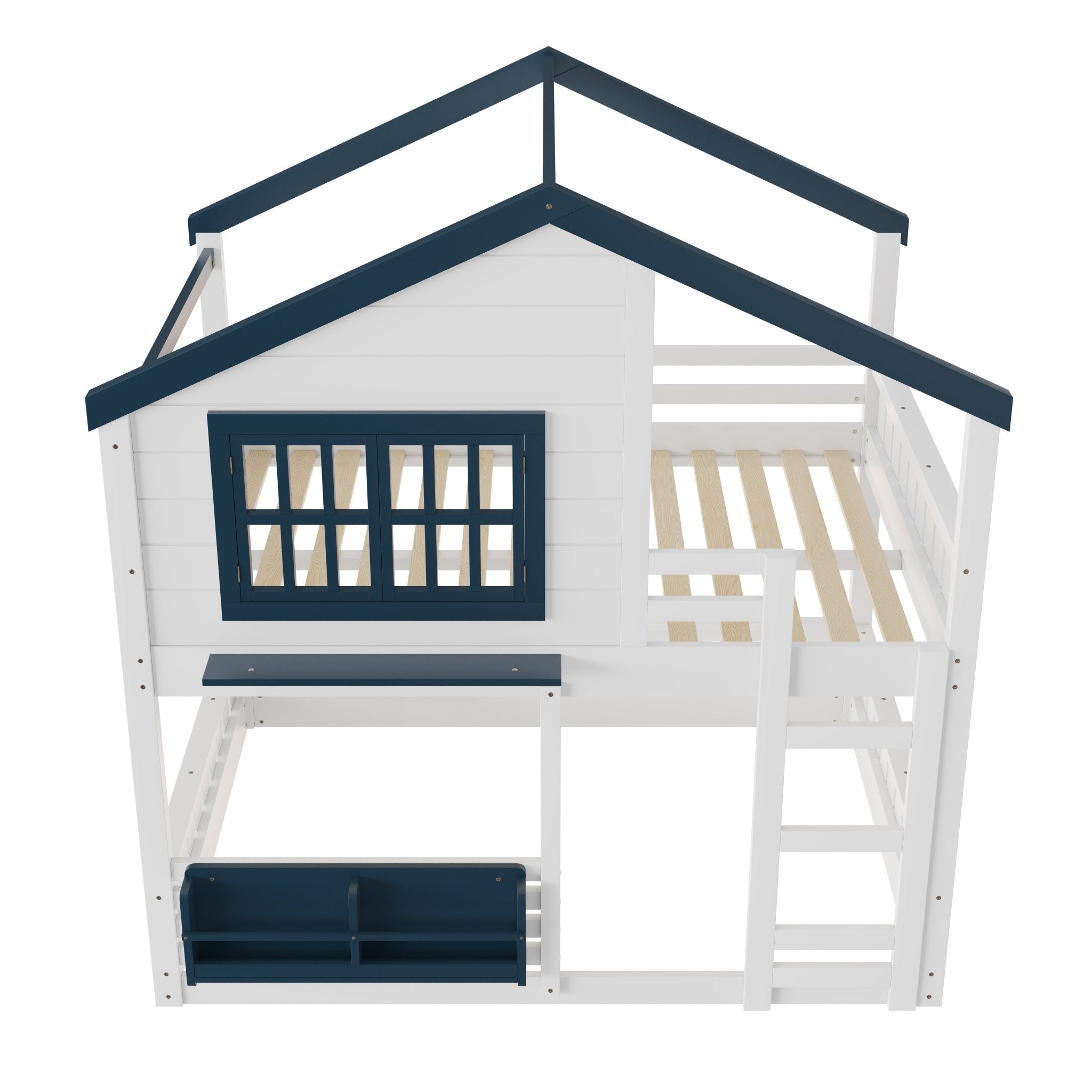 Bellemave® Twin House Bunk Bed Frame with Bookshelves, Wood Twin over Twin Bunk Beds with Windows, Low to Ground Bunkbed for Kids,Blue and White - Bellemave
