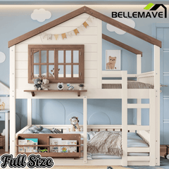 Bellemave® Twin House Bunk Bed Frame with Bookshelves, Wood Twin over Twin Bunk Beds with Windows, Low to Ground Bunkbed for Kids,Blue and White - Bellemave