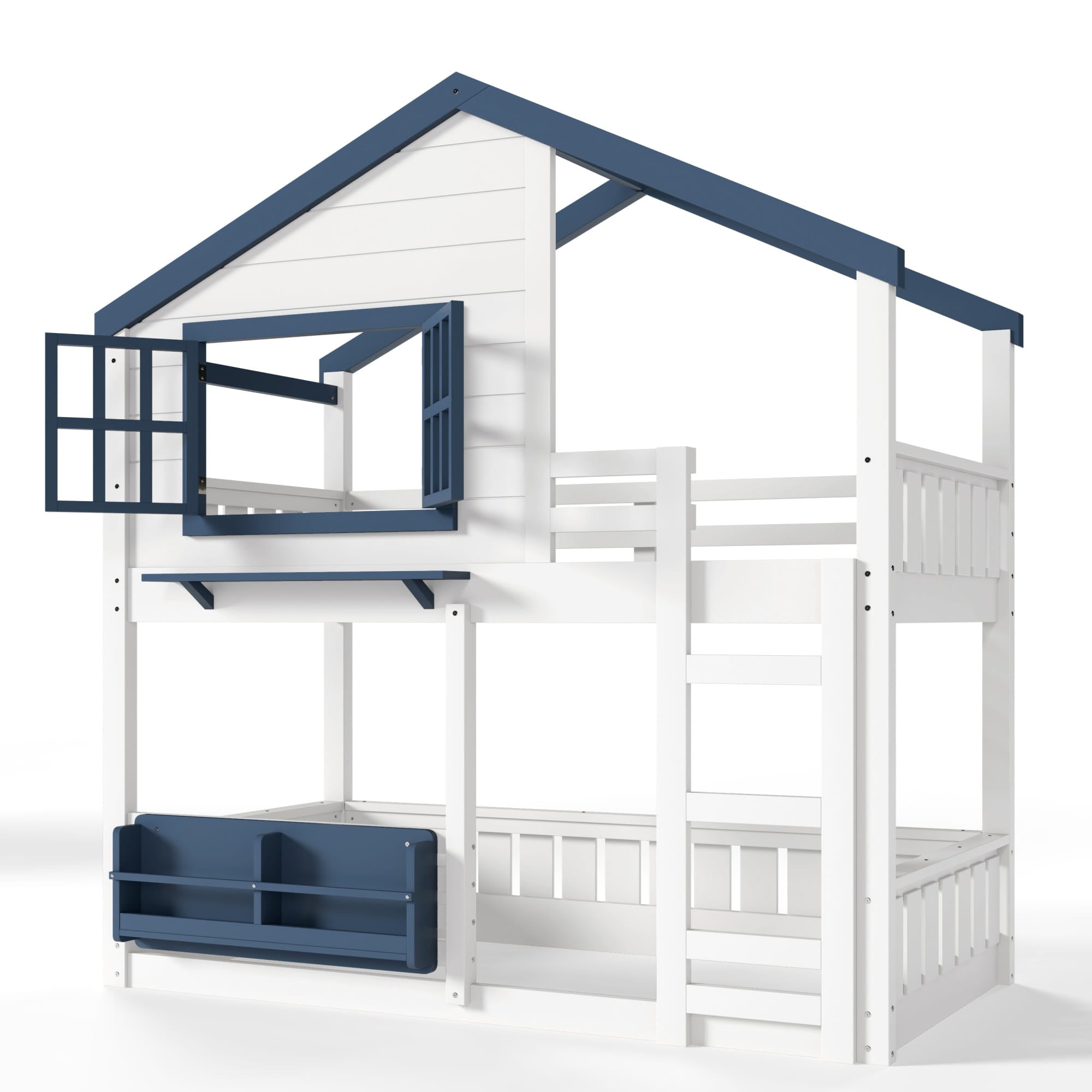 Bellemave® Twin House Bunk Bed Frame with Bookshelves, Wood Twin over Twin Bunk Beds with Windows, Low to Ground Bunkbed for Kids,Blue and White - Bellemave