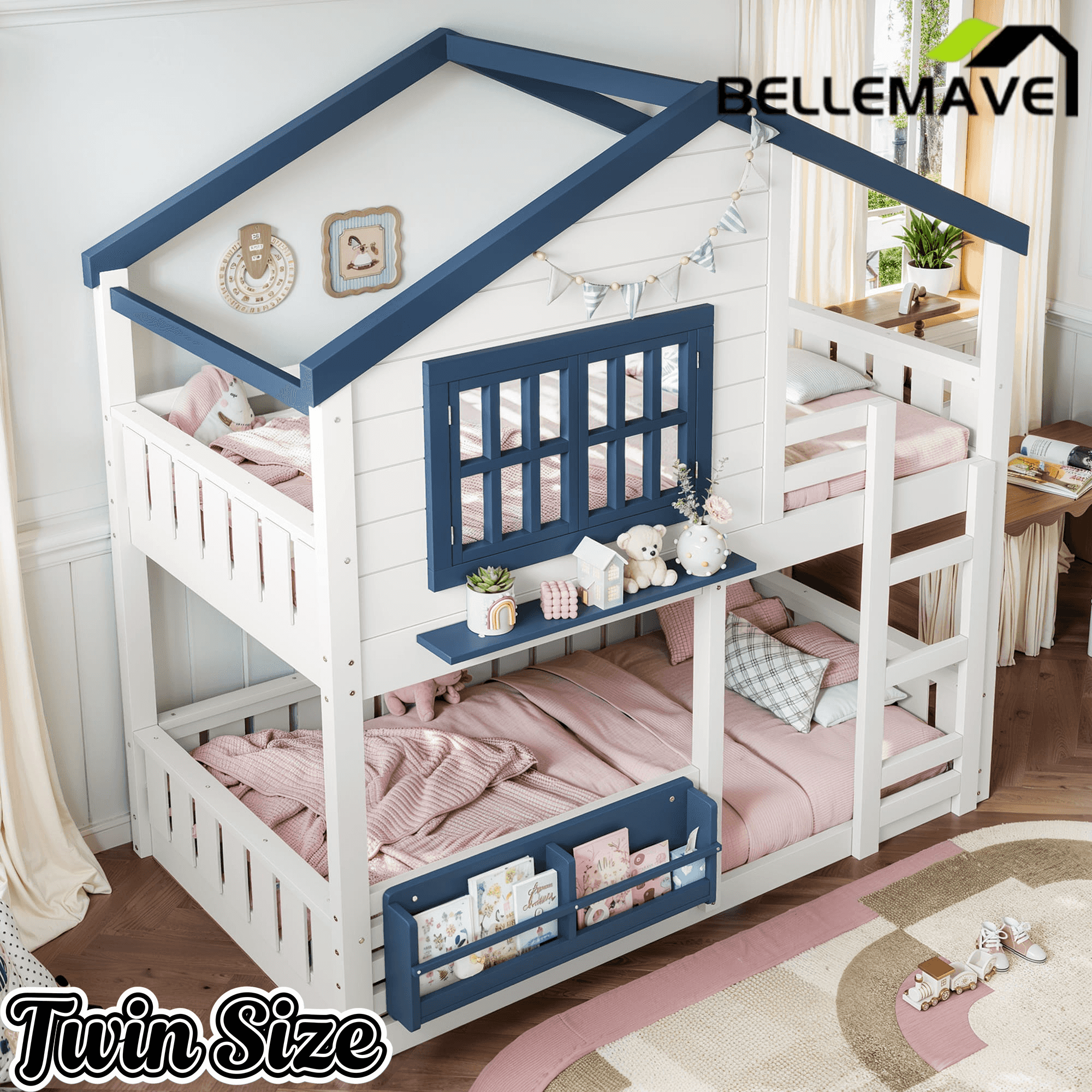 Bellemave® Twin House Bunk Bed Frame with Bookshelves, Wood Twin over Twin Bunk Beds with Windows, Low to Ground Bunkbed for Kids,Blue and White - Bellemave