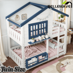 Bellemave® Twin House Bunk Bed Frame with Bookshelves, Wood Twin over Twin Bunk Beds with Windows, Low to Ground Bunkbed for Kids,Blue and White - Bellemave