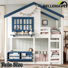 Bellemave® Twin House Bunk Bed Frame with Bookshelves, Wood Twin over Twin Bunk Beds with Windows, Low to Ground Bunkbed for Kids,Blue and White - Bellemave