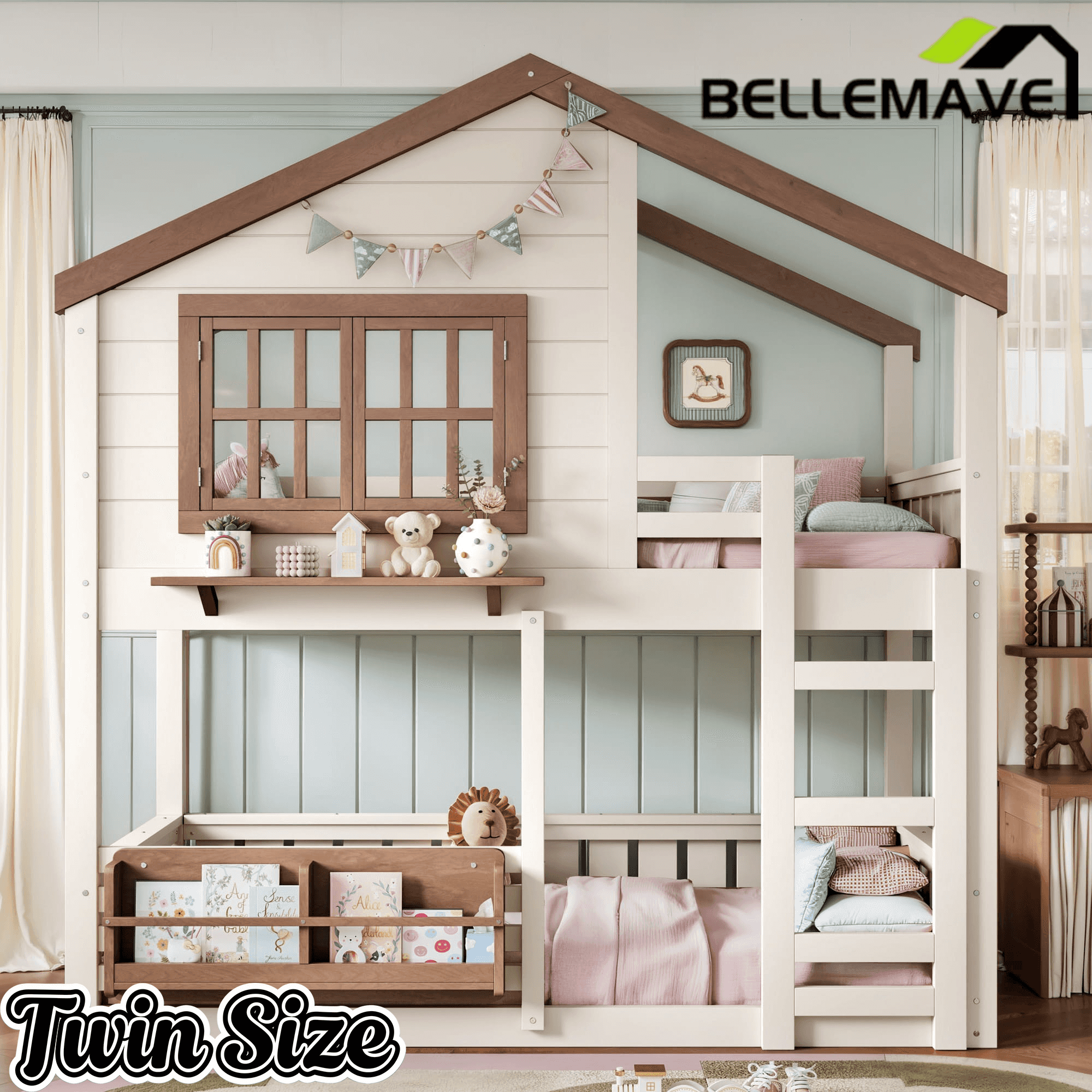 Bellemave® Twin House Bunk Bed Frame with Bookshelves, Wood Twin over Twin Bunk Beds with Windows, Low to Ground Bunkbed for Kids,Blue and White - Bellemave