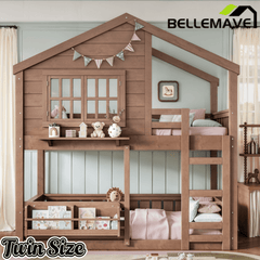 Bellemave® Twin House Bunk Bed Frame with Bookshelves, Wood Twin over Twin Bunk Beds with Windows, Low to Ground Bunkbed for Kids,Blue and White - Bellemave