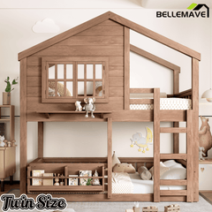 Bellemave® Twin House Bunk Bed Frame with Bookshelves, Wood Twin over Twin Bunk Beds with Windows, Low to Ground Bunkbed for Kids,Blue and White - Bellemave