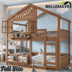 Bellemave® Twin House Bunk Bed Frame with Bookshelves, Wood Twin over Twin Bunk Beds with Windows, Low to Ground Bunkbed for Kids,Blue and White - Bellemave