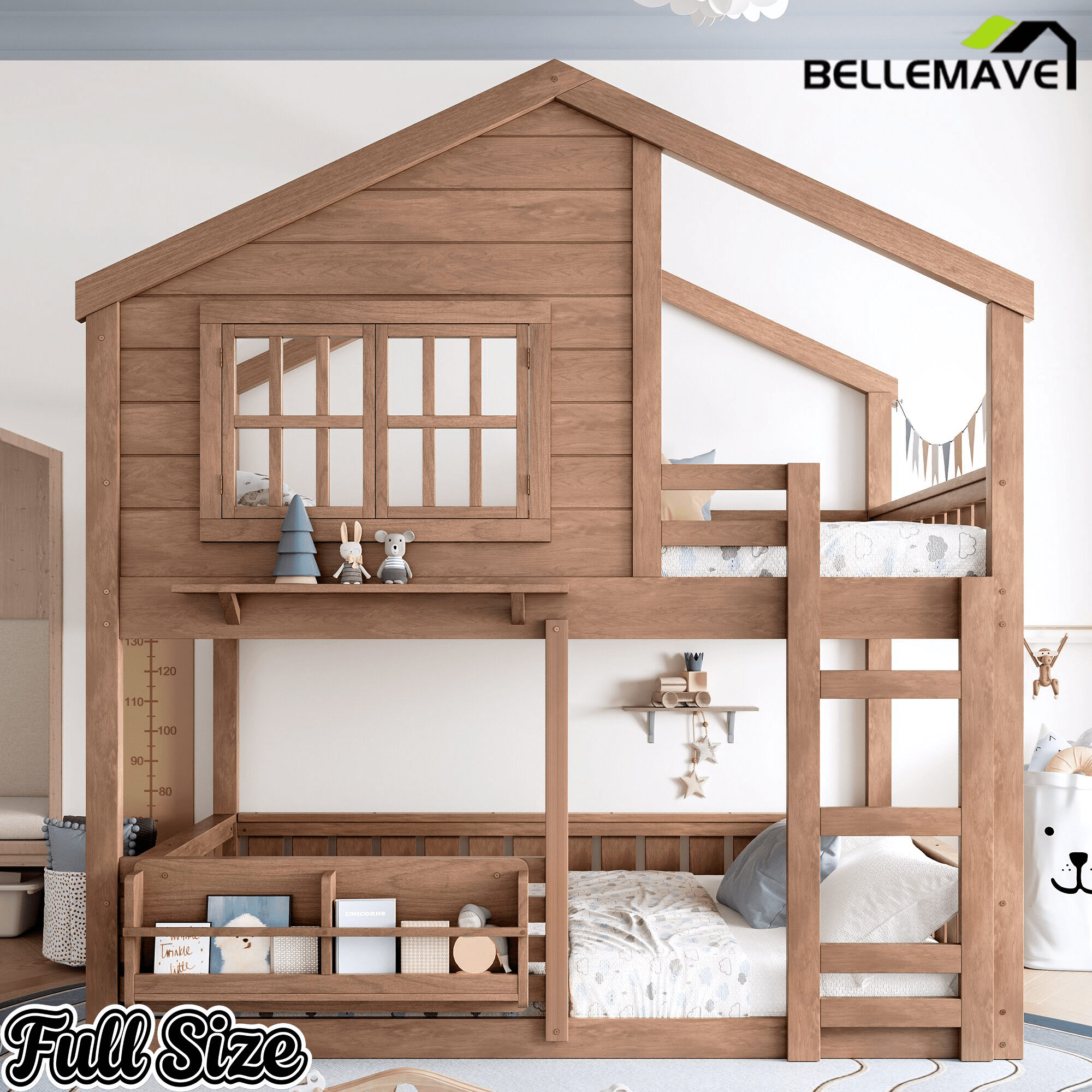 Bellemave® Twin House Bunk Bed Frame with Bookshelves, Wood Twin over Twin Bunk Beds with Windows, Low to Ground Bunkbed for Kids,Blue and White - Bellemave