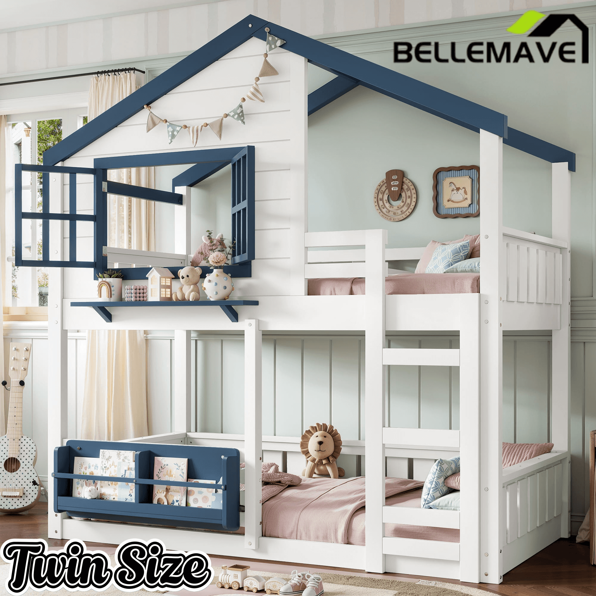 Bellemave® Twin House Bunk Bed Frame with Bookshelves, Wood Twin over Twin Bunk Beds with Windows, Low to Ground Bunkbed for Kids,Blue and White - Bellemave