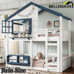 Bellemave® Twin House Bunk Bed Frame with Bookshelves, Wood Twin over Twin Bunk Beds with Windows, Low to Ground Bunkbed for Kids,Blue and White - Bellemave