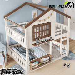 Bellemave® Twin House Bunk Bed Frame with Bookshelves, Wood Twin over Twin Bunk Beds with Windows, Low to Ground Bunkbed for Kids,Blue and White - Bellemave