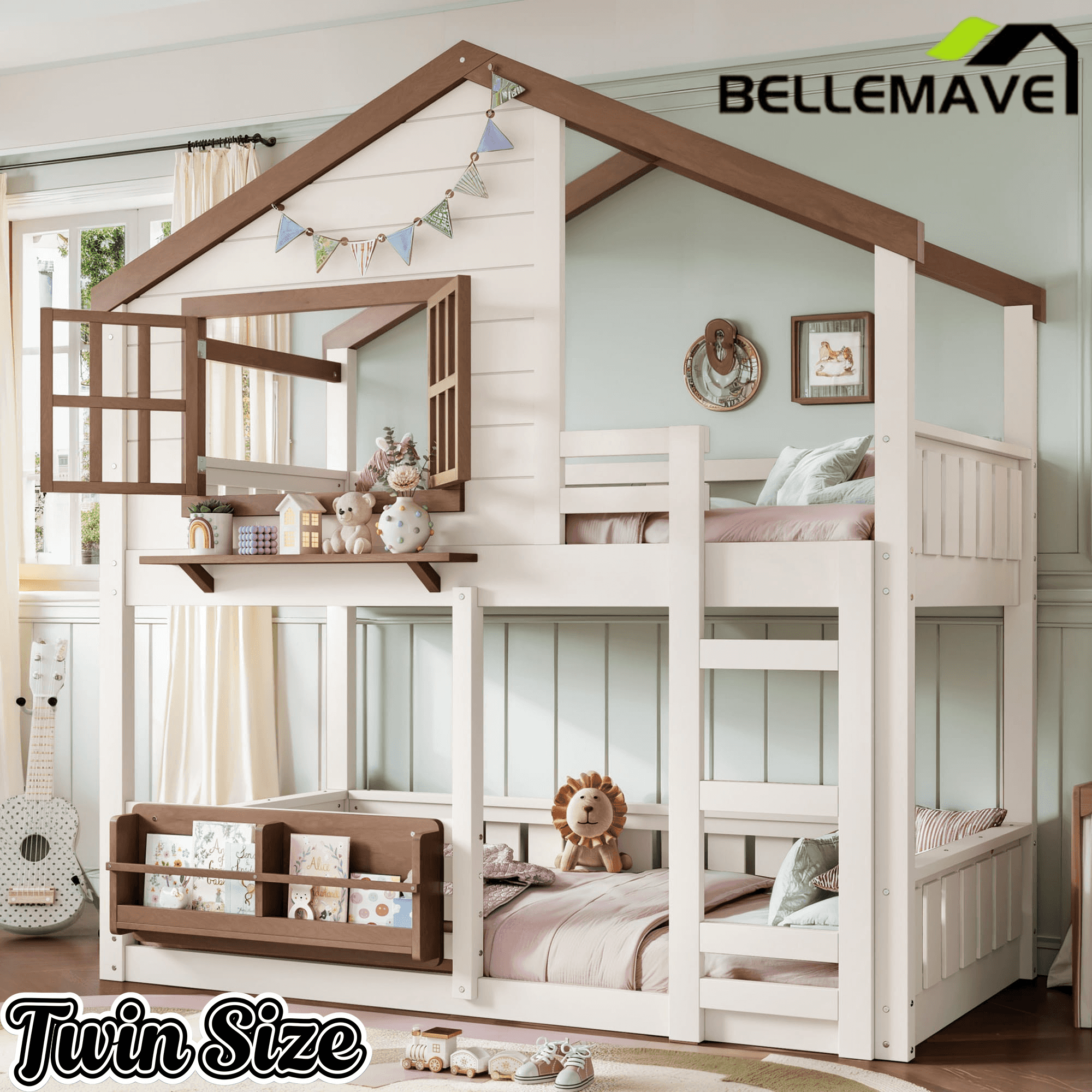 Bellemave® Twin House Bunk Bed Frame with Bookshelves, Wood Twin over Twin Bunk Beds with Windows, Low to Ground Bunkbed for Kids,Blue and White - Bellemave
