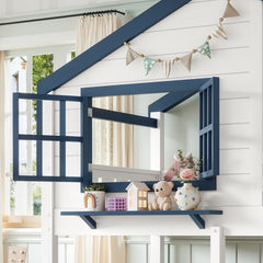 Bellemave® Twin House Bunk Bed Frame with Bookshelves, Wood Twin over Twin Bunk Beds with Windows, Low to Ground Bunkbed for Kids,Blue and White - Bellemave