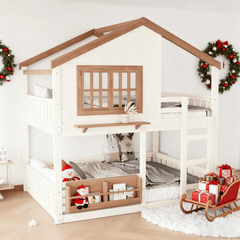 Bellemave® Twin House Bunk Bed Frame with Bookshelves, Wood Twin over Twin Bunk Beds with Windows, Low to Ground Bunkbed for Kids,Blue and White - Bellemave