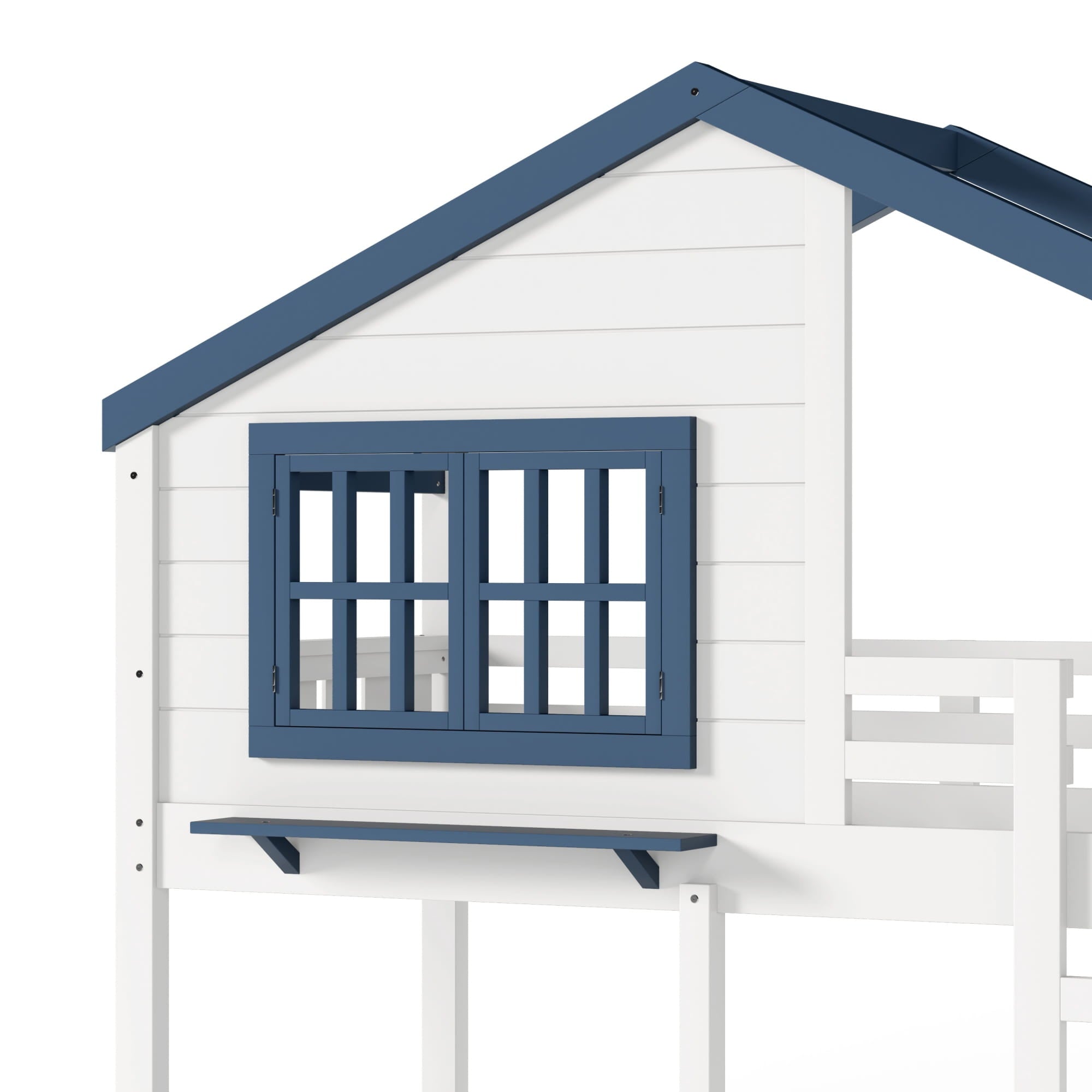 Bellemave® Twin House Bunk Bed Frame with Bookshelves, Wood Twin over Twin Bunk Beds with Windows, Low to Ground Bunkbed for Kids,Blue and White - Bellemave