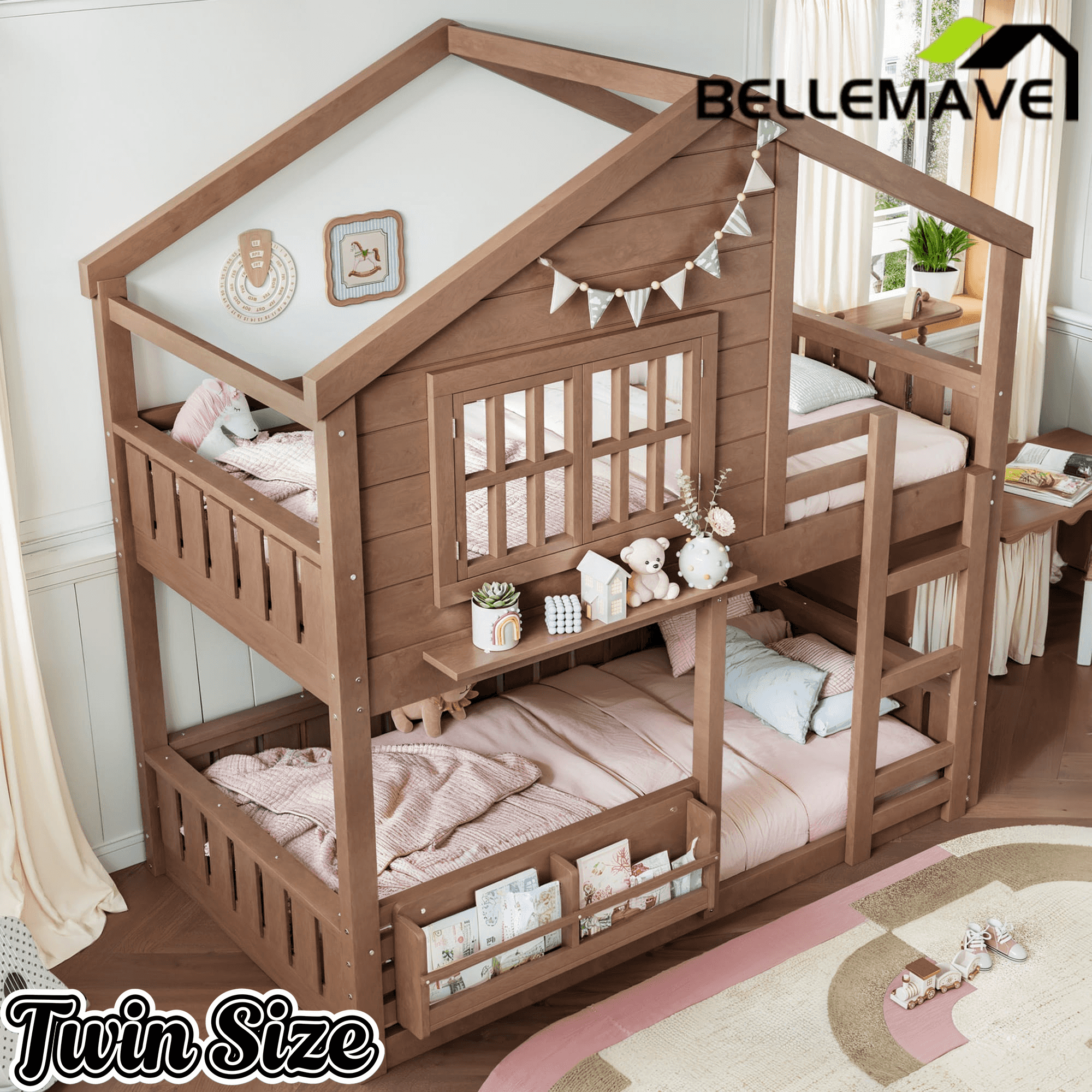 Bellemave® Twin House Bunk Bed Frame with Bookshelves, Wood Twin over Twin Bunk Beds with Windows, Low to Ground Bunkbed for Kids,Blue and White - Bellemave