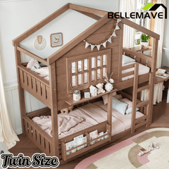 Bellemave® Twin House Bunk Bed Frame with Bookshelves, Wood Twin over Twin Bunk Beds with Windows, Low to Ground Bunkbed for Kids,Blue and White - Bellemave