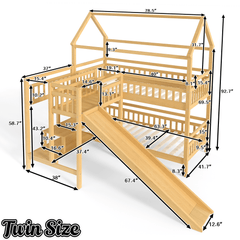 Bellemave® Twin House Bunk Bed with Slide & Stairs - Kids Playhouse Loft Bed with Storage, 2 Setup Options, Noise Free, Pink - Bellemave