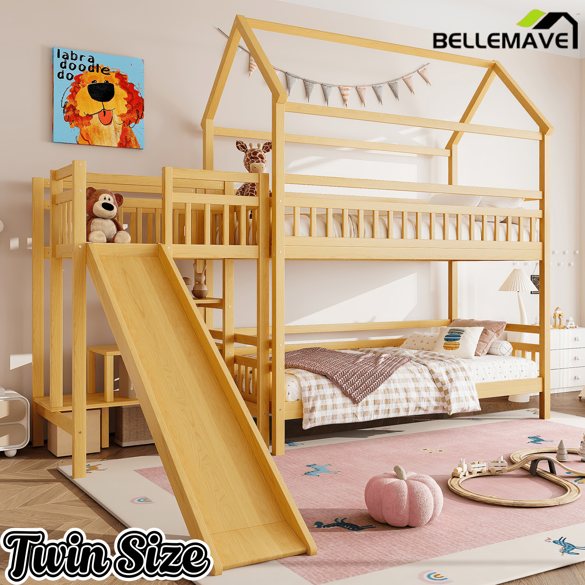 Bellemave® Twin House Bunk Bed with Slide & Stairs - Kids Playhouse Loft Bed with Storage, 2 Setup Options, Noise Free, Pink - Bellemave