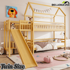 Bellemave® Twin House Bunk Bed with Slide & Stairs - Kids Playhouse Loft Bed with Storage, 2 Setup Options, Noise Free, Pink - Bellemave