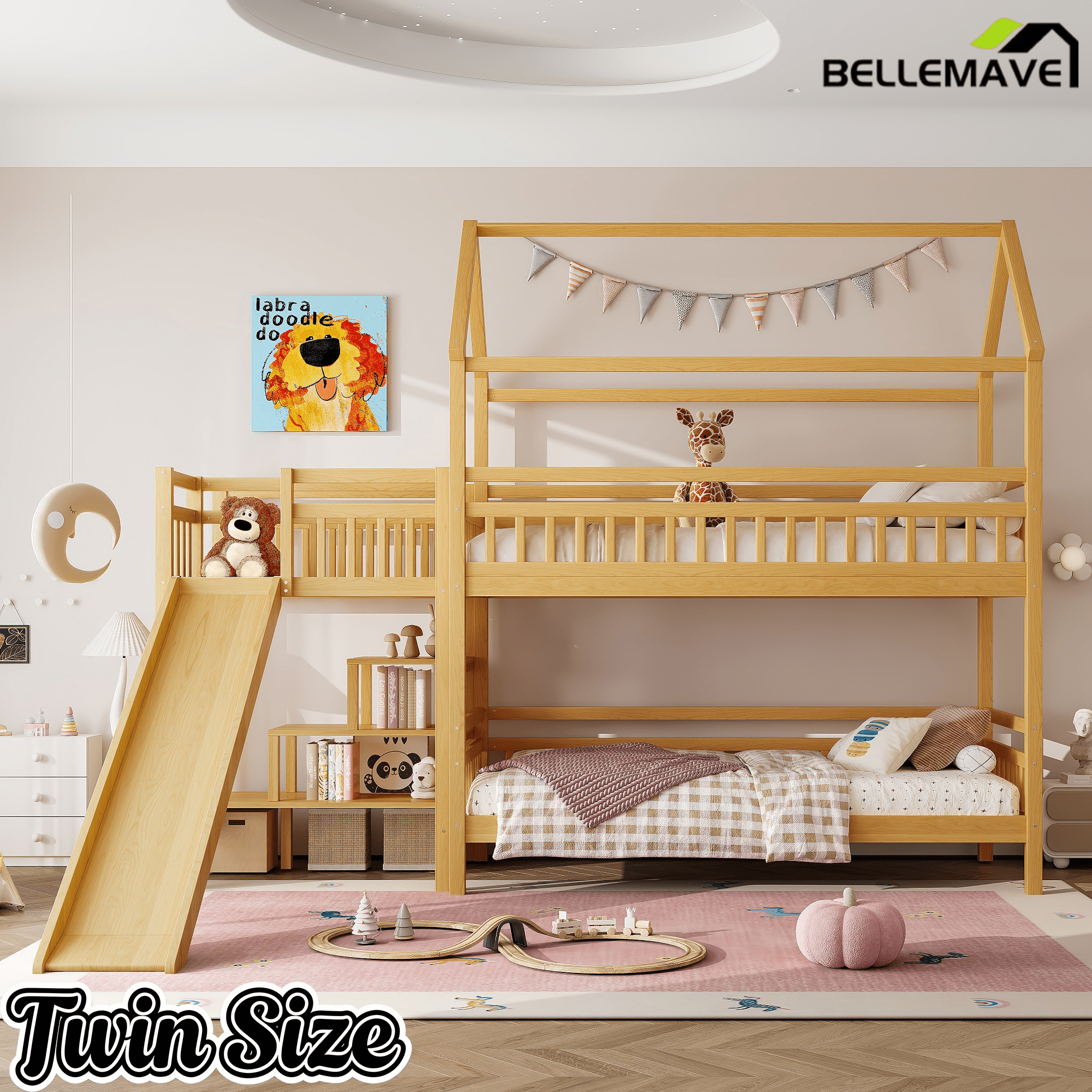 Bellemave® Twin House Bunk Bed with Slide & Stairs - Kids Playhouse Loft Bed with Storage, 2 Setup Options, Noise Free, Pink - Bellemave