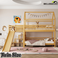Bellemave® Twin House Bunk Bed with Slide & Stairs - Kids Playhouse Loft Bed with Storage, 2 Setup Options, Noise Free, Pink - Bellemave
