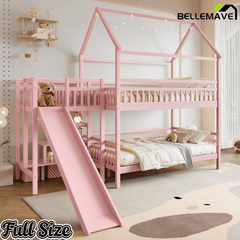 Bellemave® Twin House Bunk Bed with Slide & Stairs - Kids Playhouse Loft Bed with Storage, 2 Setup Options, Noise Free, Pink - Bellemave