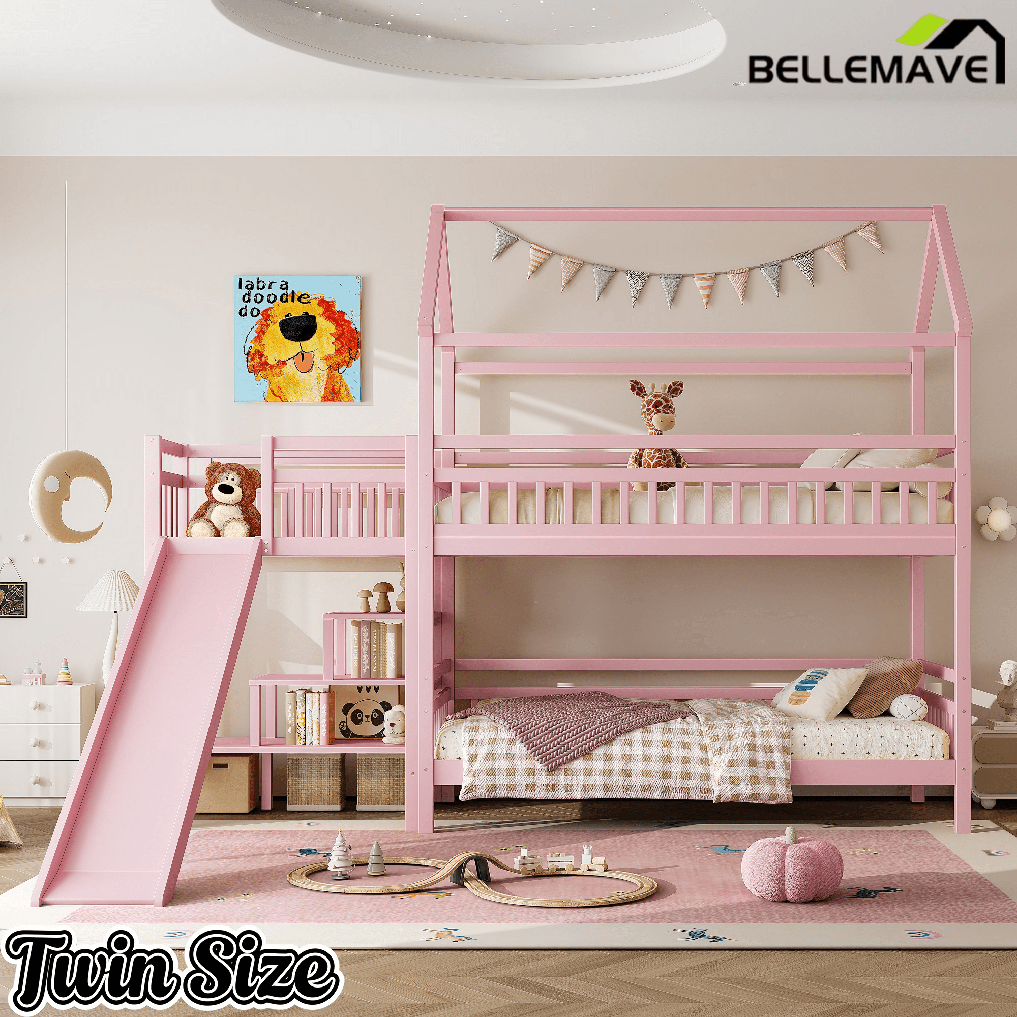 Bellemave® Twin House Bunk Bed with Slide & Stairs - Kids Playhouse Loft Bed with Storage, 2 Setup Options, Noise Free, Pink - Bellemave