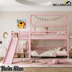 Bellemave® Twin House Bunk Bed with Slide & Stairs - Kids Playhouse Loft Bed with Storage, 2 Setup Options, Noise Free, Pink - Bellemave