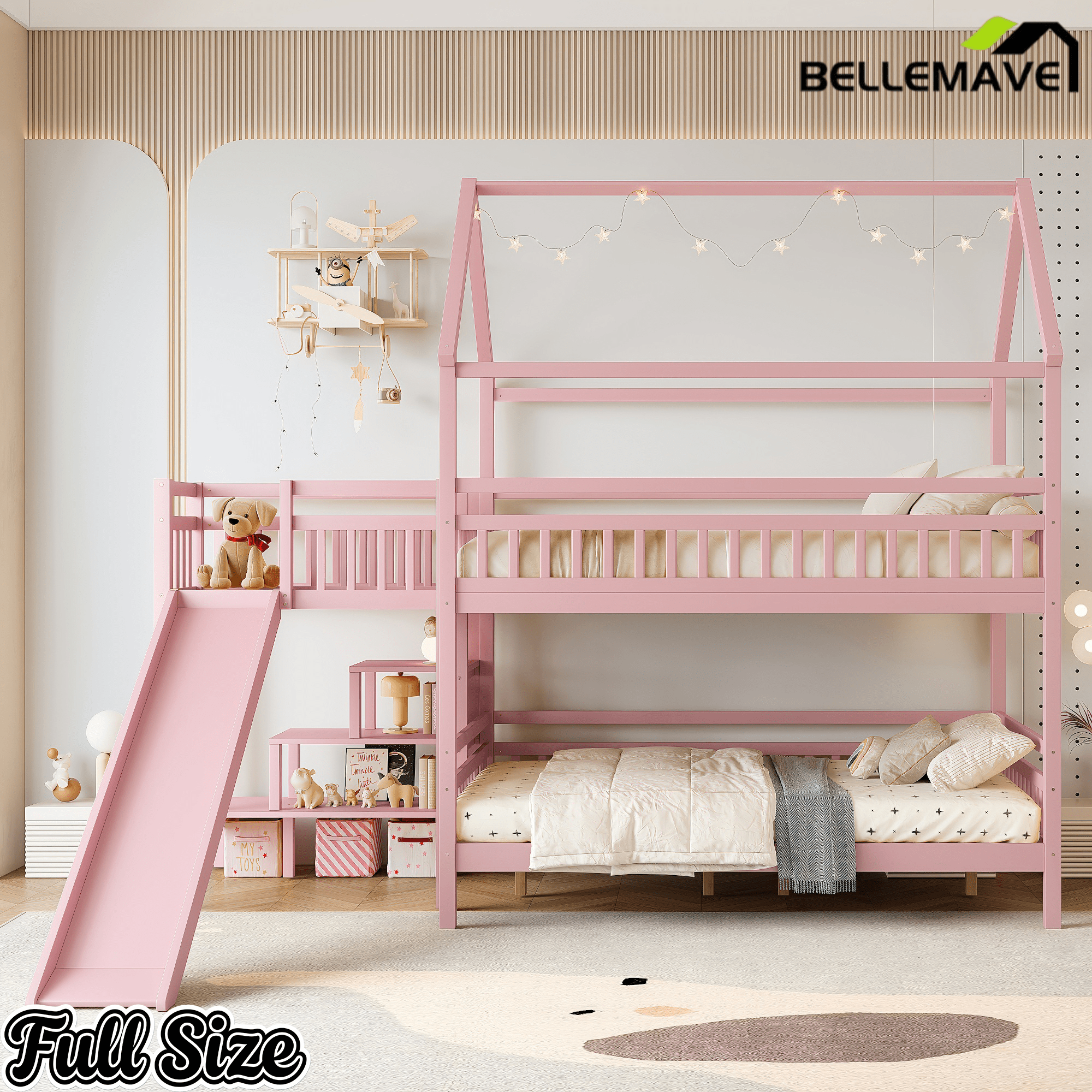 Bellemave® Twin House Bunk Bed with Slide & Stairs - Kids Playhouse Loft Bed with Storage, 2 Setup Options, Noise Free, Pink - Bellemave