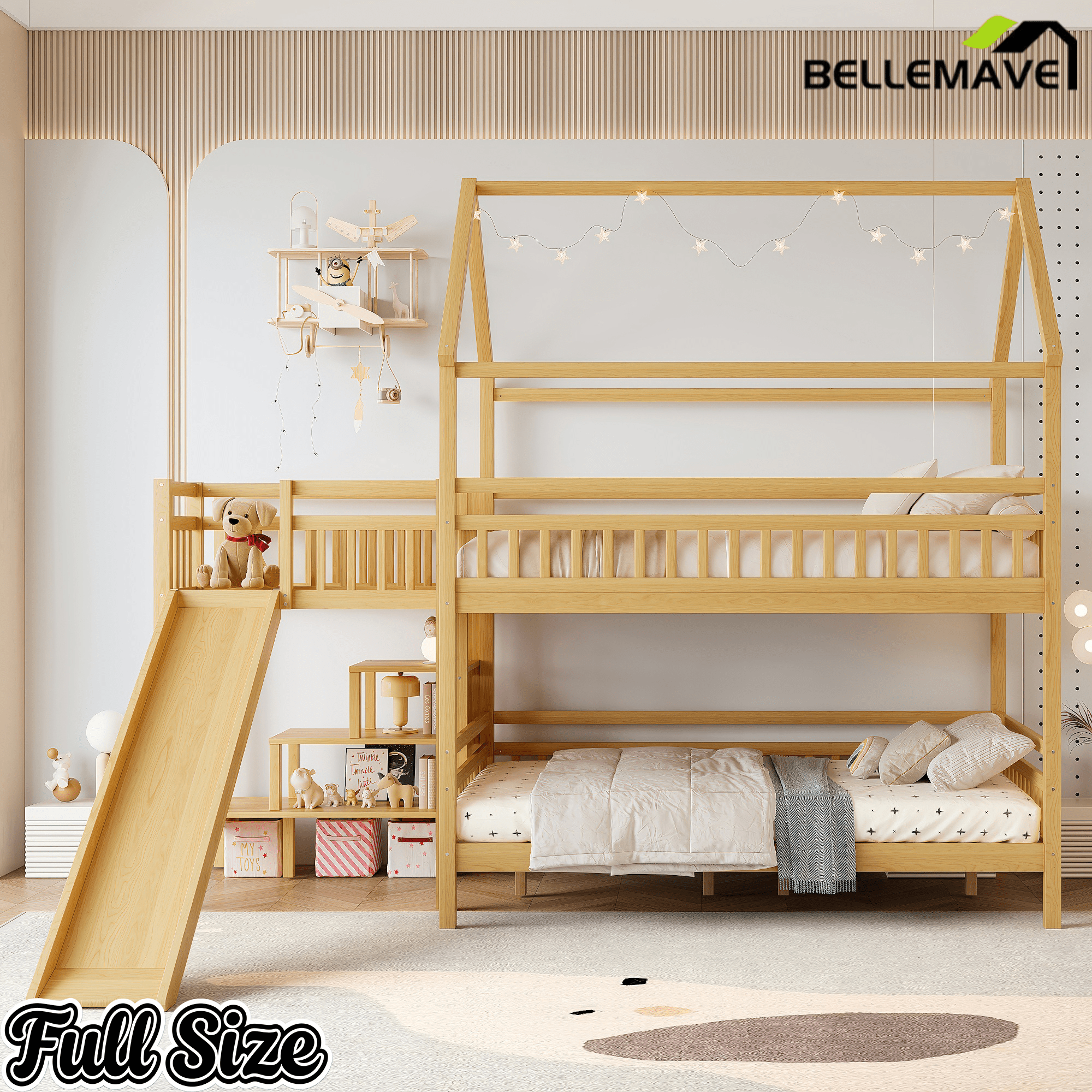 Bellemave® Twin House Bunk Bed with Slide & Stairs - Kids Playhouse Loft Bed with Storage, 2 Setup Options, Noise Free, Pink - Bellemave