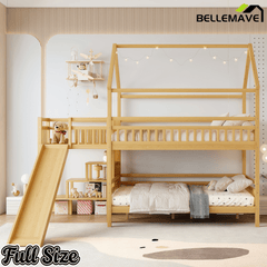 Bellemave® Twin House Bunk Bed with Slide & Stairs - Kids Playhouse Loft Bed with Storage, 2 Setup Options, Noise Free, Pink - Bellemave