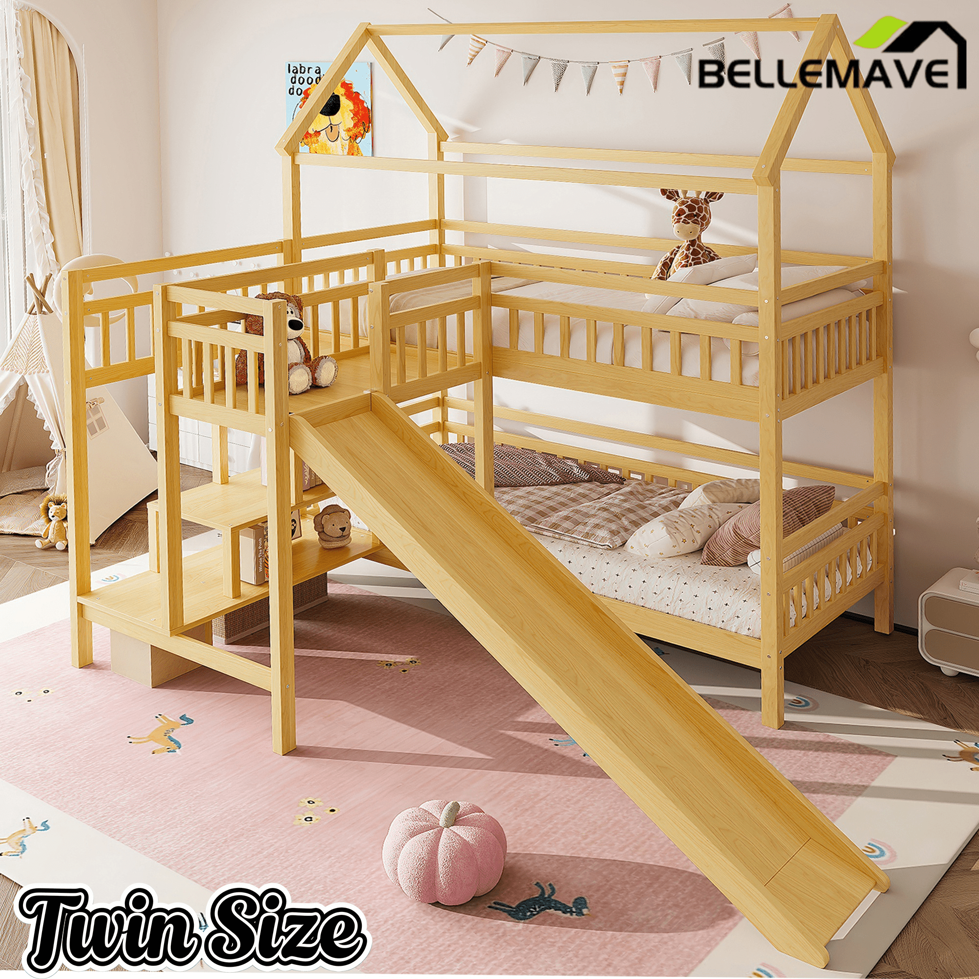 Bellemave® Twin House Bunk Bed with Slide & Stairs - Kids Playhouse Loft Bed with Storage, 2 Setup Options, Noise Free, Pink - Bellemave