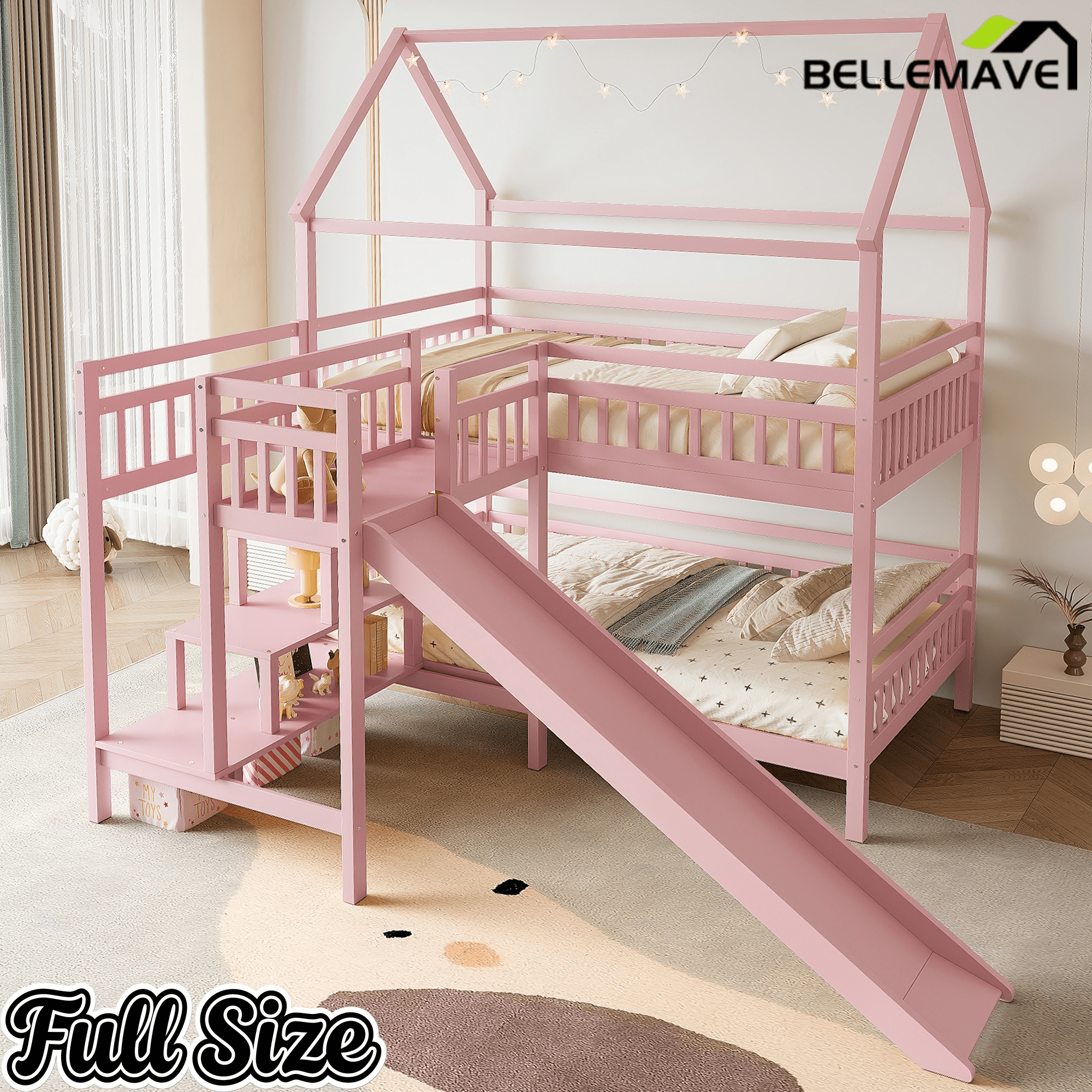Bellemave® Twin House Bunk Bed with Slide & Stairs - Kids Playhouse Loft Bed with Storage, 2 Setup Options, Noise Free, Pink - Bellemave