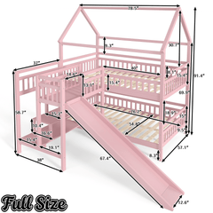 Bellemave® Twin House Bunk Bed with Slide & Stairs - Kids Playhouse Loft Bed with Storage, 2 Setup Options, Noise Free, Pink - Bellemave