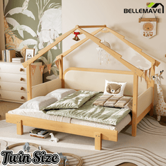 Bellemave® Twin House Platform Bed with Upholstered Cushion Rails, Twin Size House Bed with Pull - Out Beds for Kids Girls Boys, Beige+Natural - Bellemave
