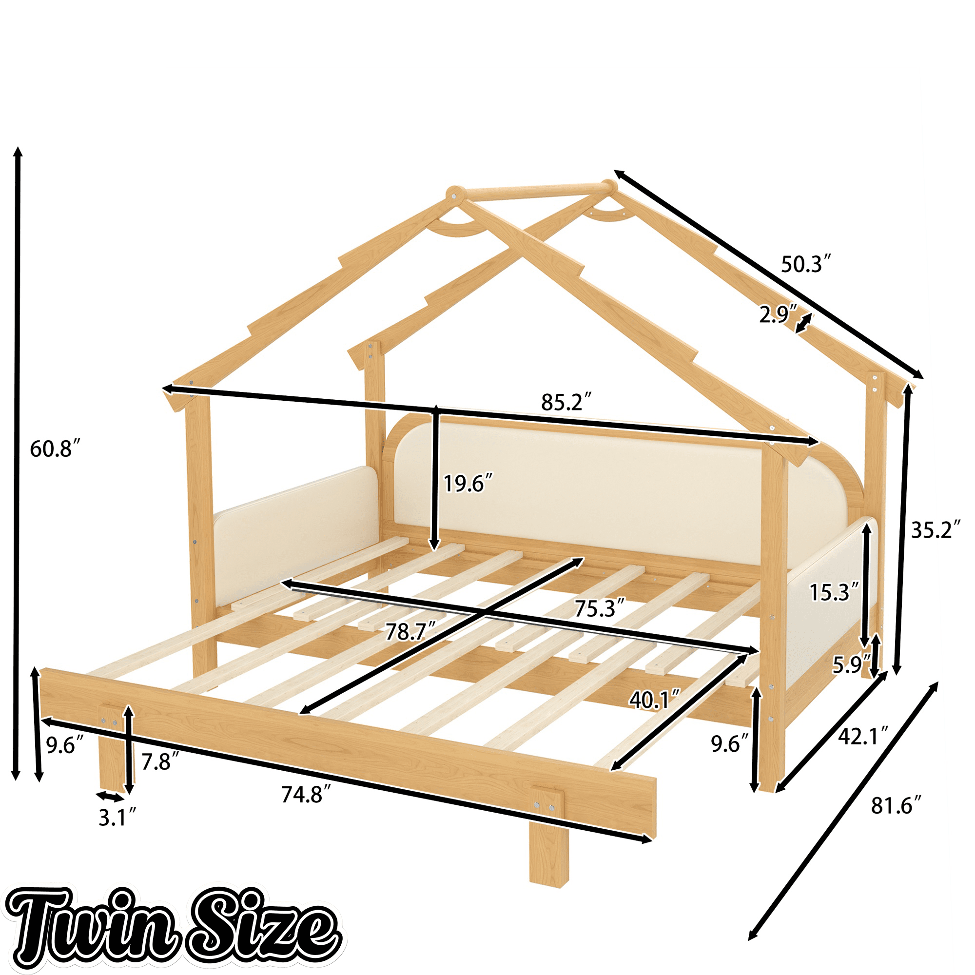 Bellemave® Twin House Platform Bed with Upholstered Cushion Rails, Twin Size House Bed with Pull - Out Beds for Kids Girls Boys, Beige+Natural - Bellemave