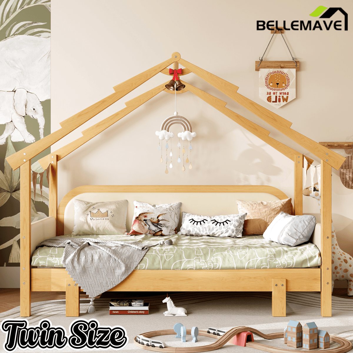 Bellemave® Twin House Platform Bed with Upholstered Cushion Rails, Twin Size House Bed with Pull - Out Beds for Kids Girls Boys, Beige+Natural - Bellemave