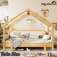 Bellemave® Twin House Platform Bed with Upholstered Cushion Rails, Twin Size House Bed with Pull - Out Beds for Kids Girls Boys, Beige+Natural - Bellemave