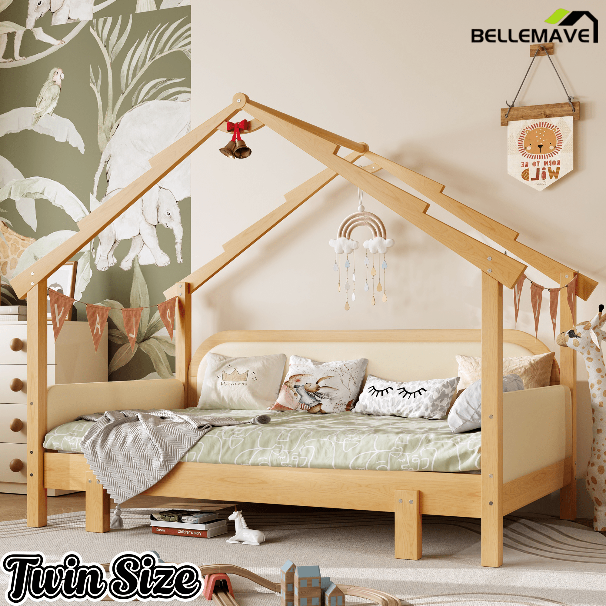 Bellemave® Twin House Platform Bed with Upholstered Cushion Rails, Twin Size House Bed with Pull - Out Beds for Kids Girls Boys, Beige+Natural - Bellemave