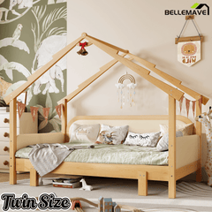Bellemave® Twin House Platform Bed with Upholstered Cushion Rails, Twin Size House Bed with Pull - Out Beds for Kids Girls Boys, Beige+Natural - Bellemave