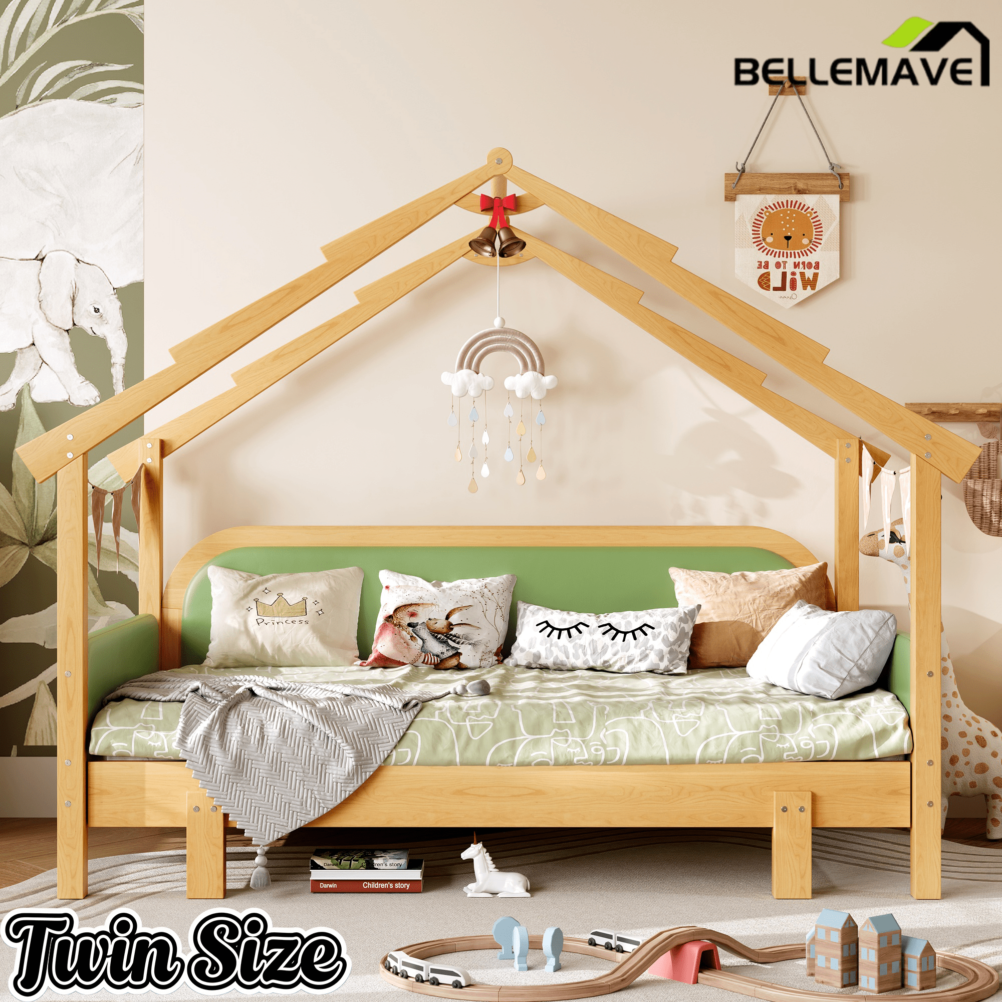 Bellemave® Twin House Platform Bed with Upholstered Cushion Rails, Twin Size House Bed with Pull - Out Beds for Kids Girls Boys, Beige+Natural - Bellemave