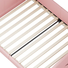 Bellemave® Twin Kids Platform Bed with Bear Headboard, PU Leather Upholstered Frame with Footboard Pockets, Brown - Bellemave