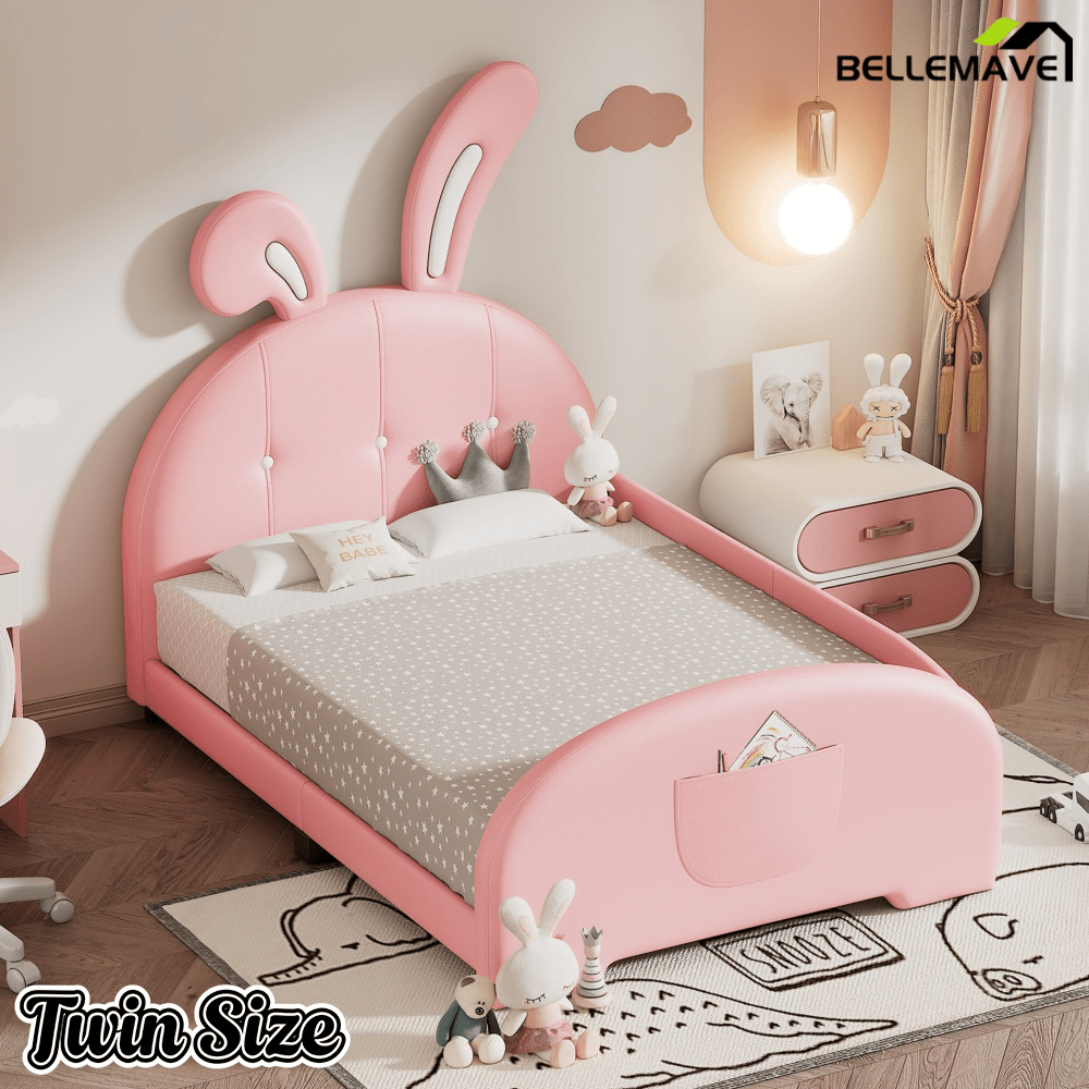 Bellemave® Twin Kids Platform Bed with Bear Headboard, PU Leather Upholstered Frame with Footboard Pockets, Brown - Bellemave