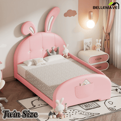 Bellemave® Twin Kids Platform Bed with Bear Headboard, PU Leather Upholstered Frame with Footboard Pockets, Brown - Bellemave