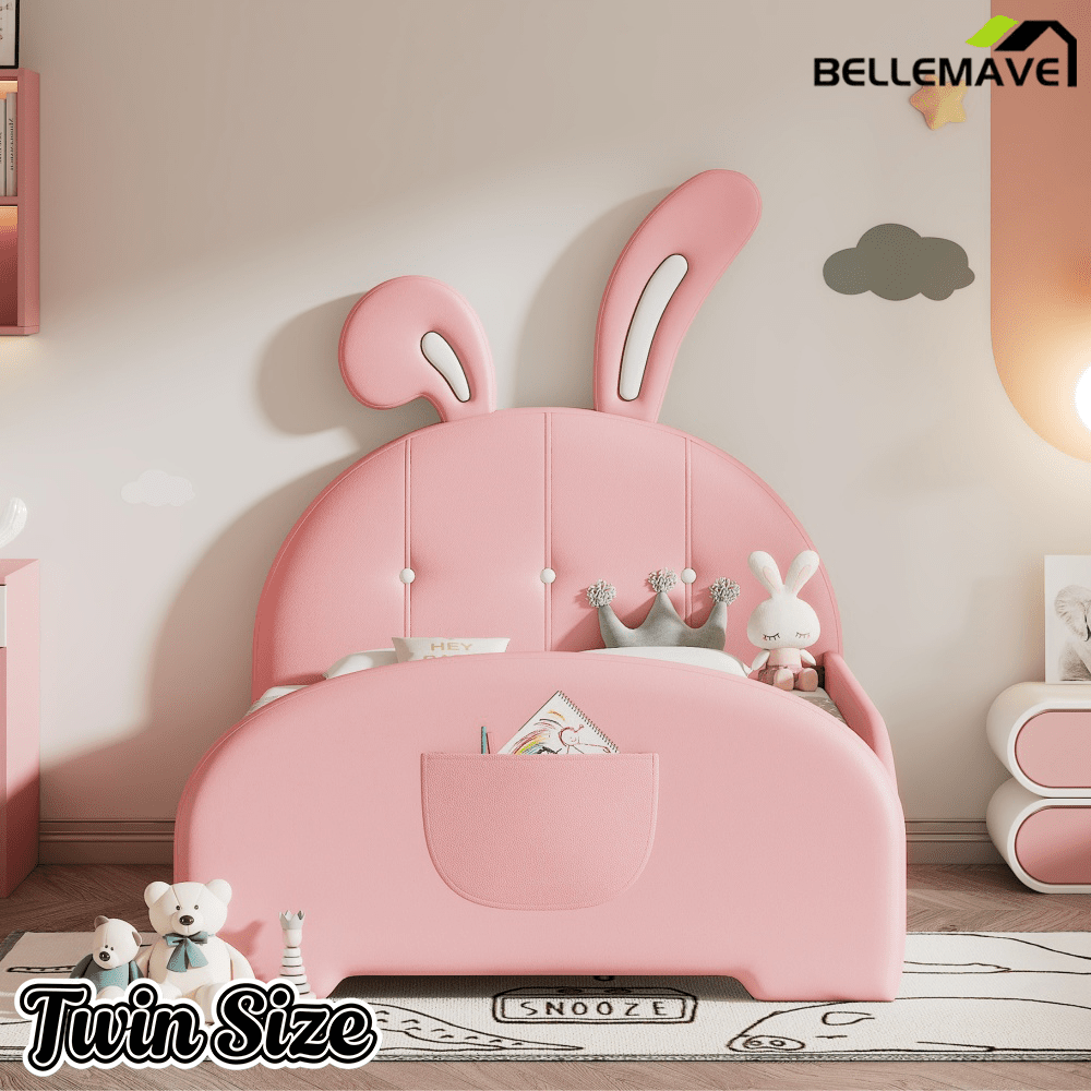 Bellemave® Twin Kids Platform Bed with Bear Headboard, PU Leather Upholstered Frame with Footboard Pockets, Brown - Bellemave